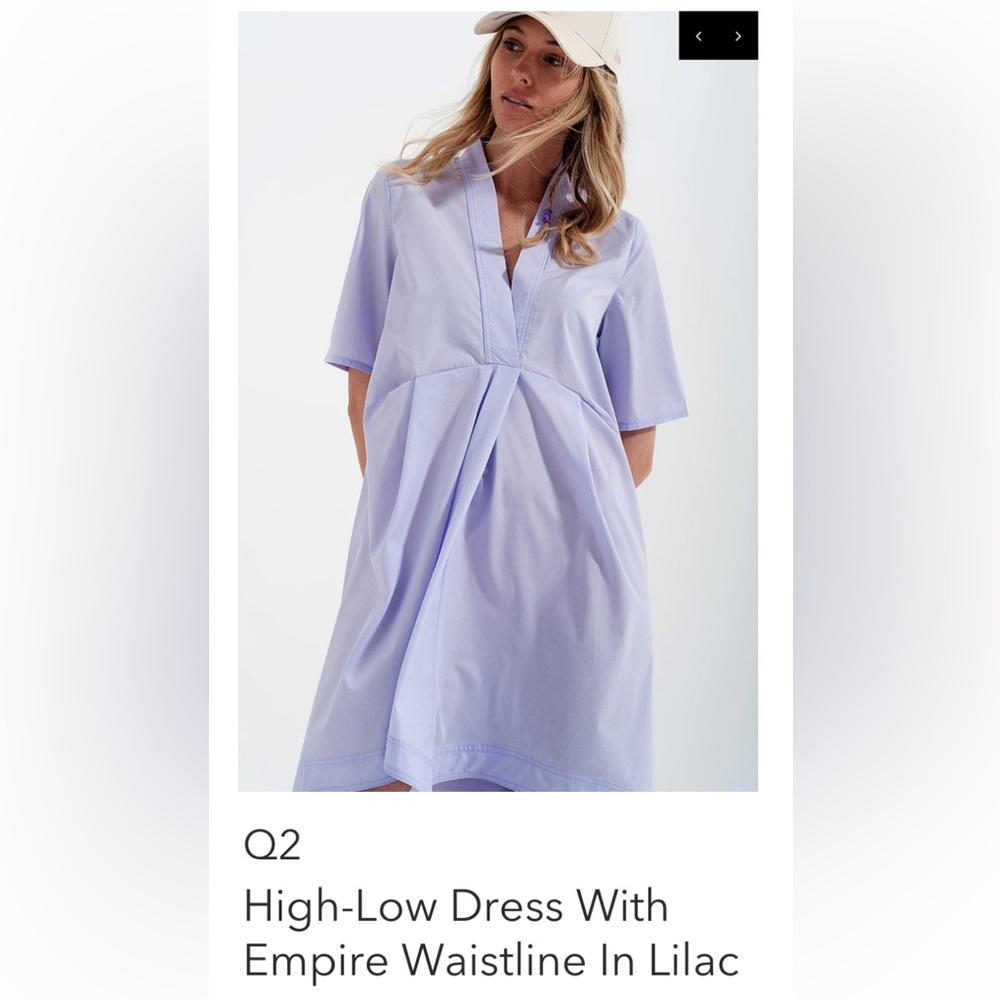 Q2 hi Lo dress with‎ empire waistline in lilac. NWOT.
